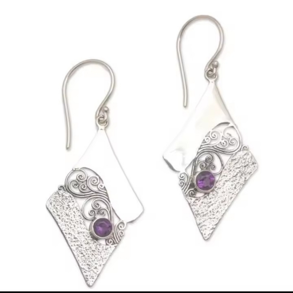 Earrings Geometric‎ Purple Gemstone Dangle New F56 - Picture 3 of 3